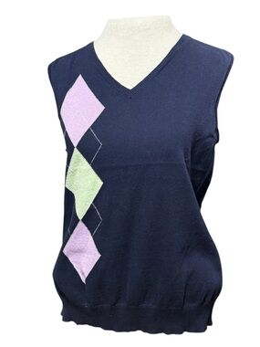 Allyson Whitmore Navy V-Neck Argyle Sweater Vest with Pastel Diamonds